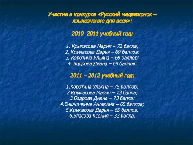 Участие в конкурсе «Русский медвежонок – языкознание для всех»: 2010 2011 учебный