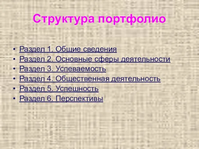 Структура портфолио Раздел 1. Общие сведения Раздел 2. Основные сферы деятельности Раздел