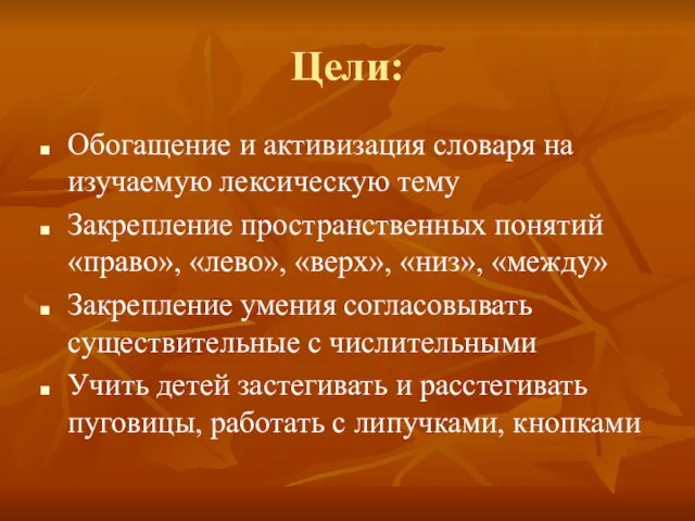 Цели: Обогащение и активизация словаря на изучаемую лексическую тему Закрепление пространственных понятий