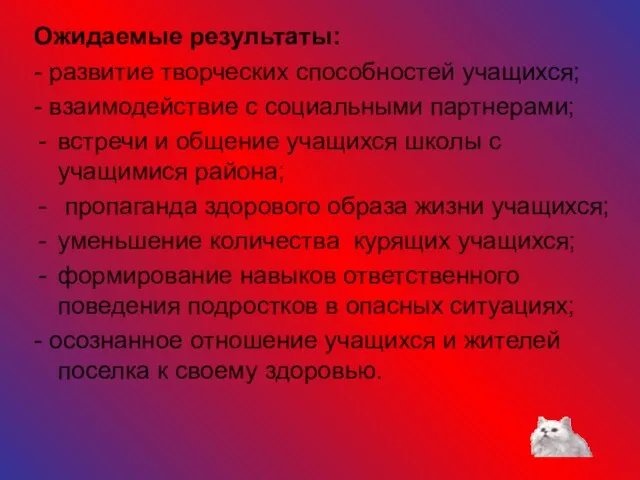 Ожидаемые результаты: - развитие творческих способностей учащихся; - взаимодействие с социальными партнерами;