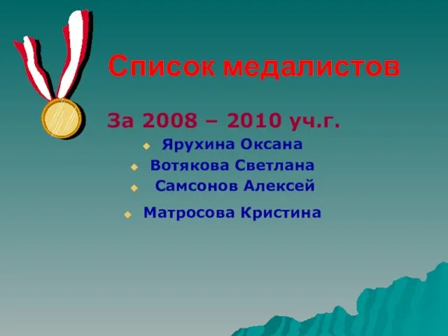 Список медалистов За 2008 – 2010 уч.г. Ярухина Оксана Вотякова Светлана Самсонов Алексей Матросова Кристина