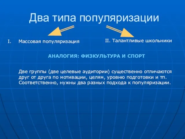 Два типа популяризации Массовая популяризация II. Талантливые школьники АНАЛОГИЯ: ФИЗКУЛЬТУРА И СПОРТ