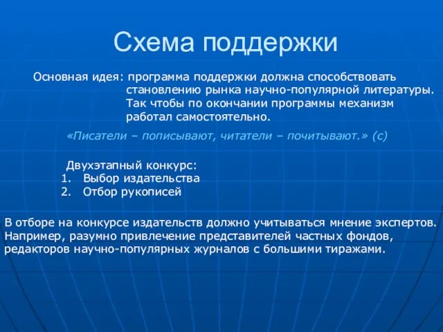 Схема поддержки Основная идея: программа поддержки должна способствовать становлению рынка научно-популярной литературы.