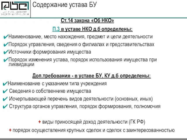 Содержание устава БУ Ст.14 закона «Об НКО» П.3 в уставе НКО д.б