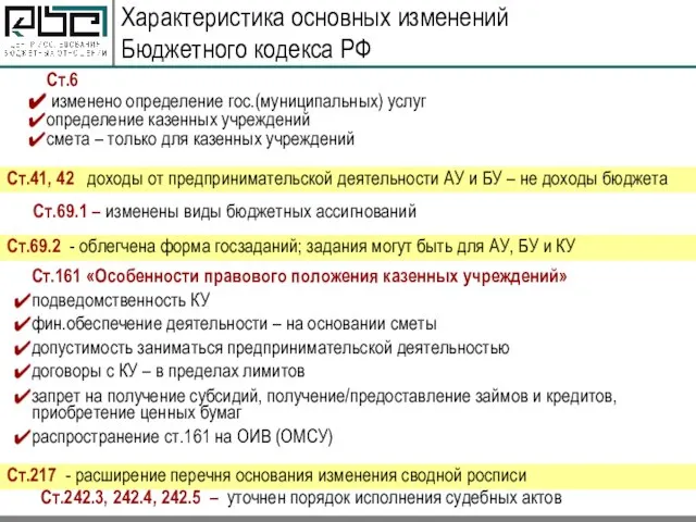 Характеристика основных изменений Бюджетного кодекса РФ Ст.6 изменено определение гос.(муниципальных) услуг определение