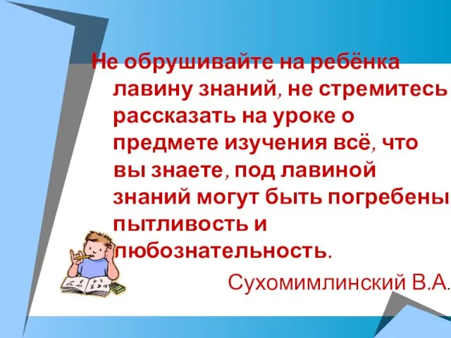 Не обрушивайте на ребёнка лавину знаний, не стремитесь рассказать на уроке о