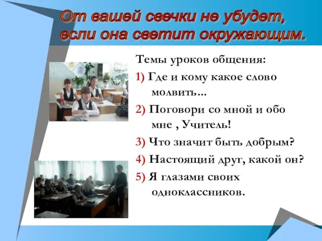 Темы уроков общения: 1) Где и кому какое слово молвить... 2) Поговори