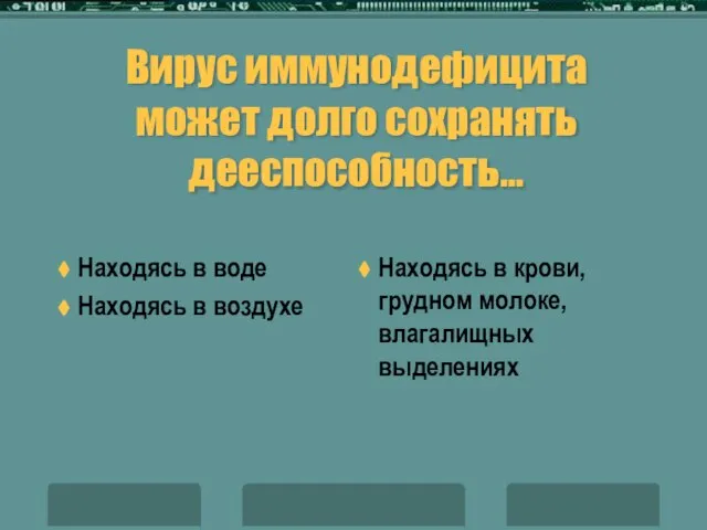 Вирус иммунодефицита может долго сохранять дееспособность… Находясь в воде Находясь в воздухе