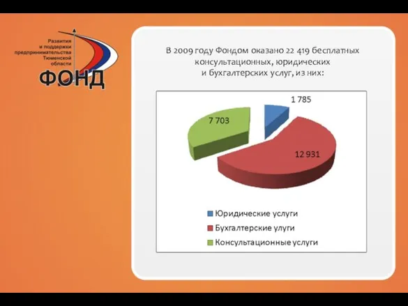 В 2009 году Фондом оказано 22 419 бесплатных консультационных, юридических и бухгалтерских услуг, из них: