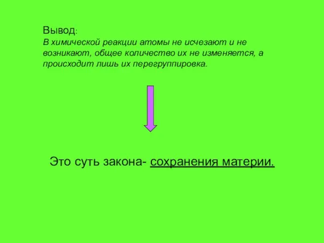 Вывод: В химической реакции атомы не исчезают и не возникают, общее количество