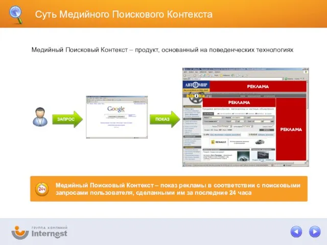 Суть Медийного Поискового Контекста РЕКЛАМА РЕКЛАМА Медийный Поисковый Контекст – продукт, основанный