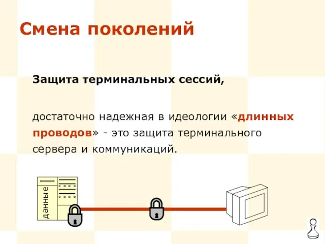 Смена поколений Защита терминальных сессий, достаточно надежная в идеологии «длинных проводов» -