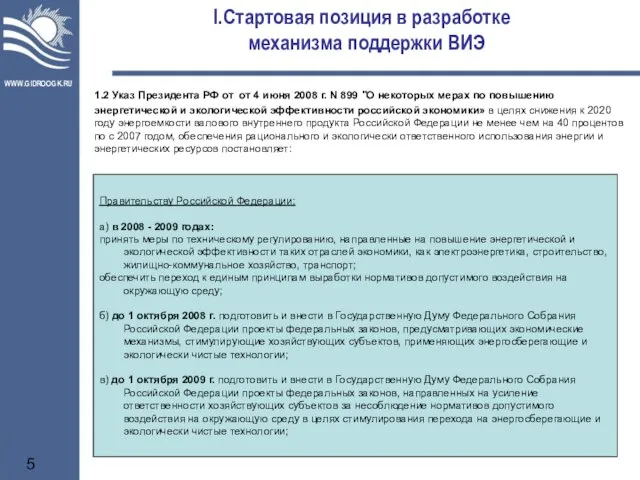 Стартовая позиция в разработке механизма поддержки ВИЭ 1.2 Указ Президента РФ от