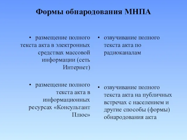 Формы обнародования МНПА размещение полного текста акта в электронных средствах массовой информации