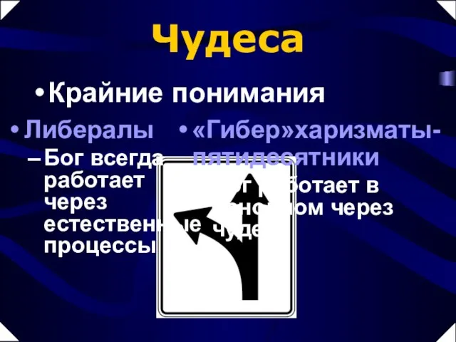 Либералы Бог всегда работает через естественные процессы Крайние понимания «Гибер»харизматы- пятидесятники Бог