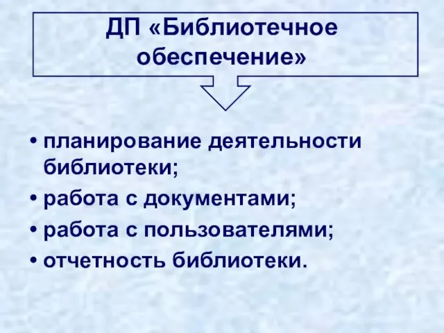 ДП «Библиотечное обеспечение» планирование деятельности библиотеки; работа с документами; работа с пользователями; отчетность библиотеки.