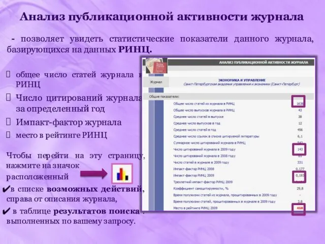 Анализ публикационной активности журнала - позволяет увидеть статистические показатели данного журнала, базирующихся