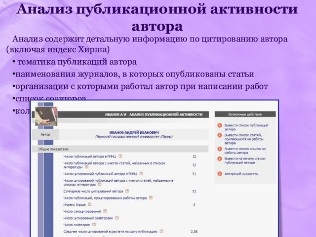 Анализ публикационной активности автора Анализ содержит детальную информацию по цитированию автора (включая