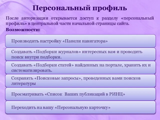 Персональный профиль После авторизации открывается доступ к разделу «персональный профиль» в центральной