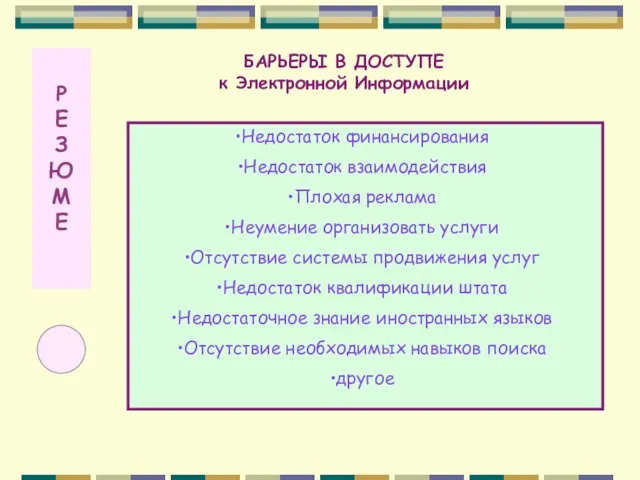 Р Е З Ю М Е БАРЬЕРЫ В ДОСТУПЕ к Электронной Информации