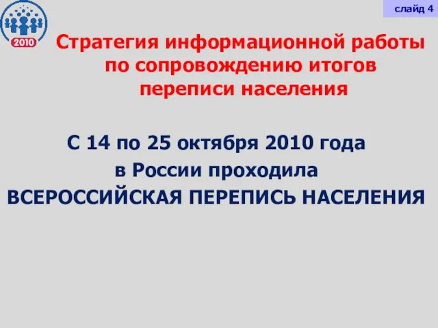 Стратегия информационной работы по сопровождению итогов переписи населения С 14 по 25