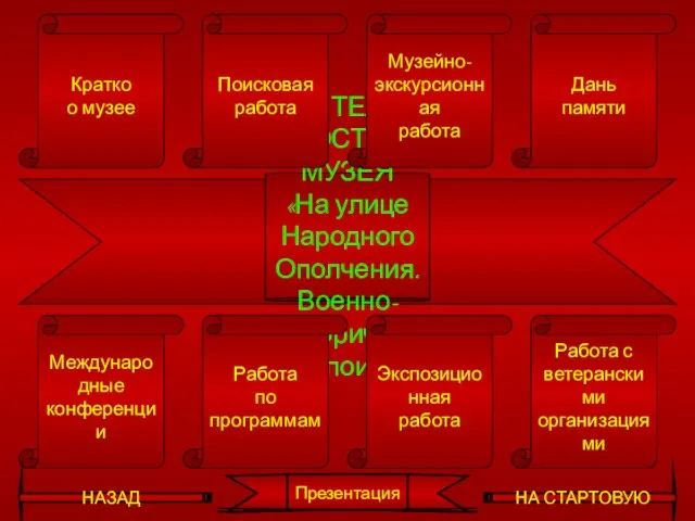 ДЕЯТЕЛЬНОСТЬ МУЗЕЯ «На улице Народного Ополчения. Военно-исторический поиск» Экспозиционная работа Работа по