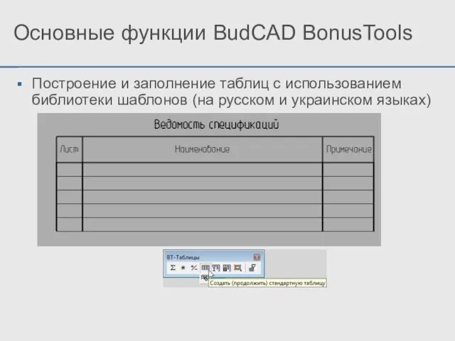 Основные функции BudCAD BonusTools Построение и заполнение таблиц с использованием библиотеки шаблонов