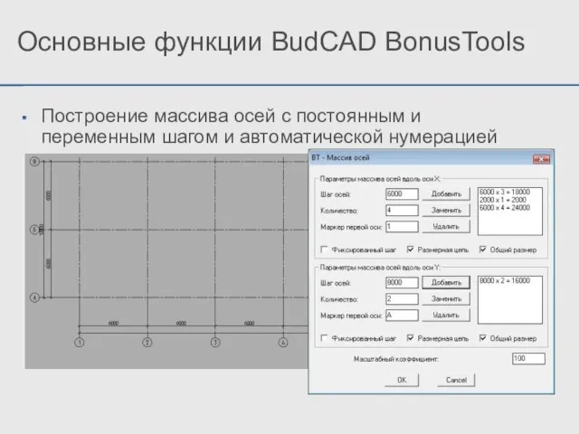 Основные функции BudCAD BonusTools Построение массива осей с постоянным и переменным шагом и автоматической нумерацией