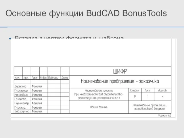 Вставка в чертеж формата и шаблона основной надписи Основные функции BudCAD BonusTools