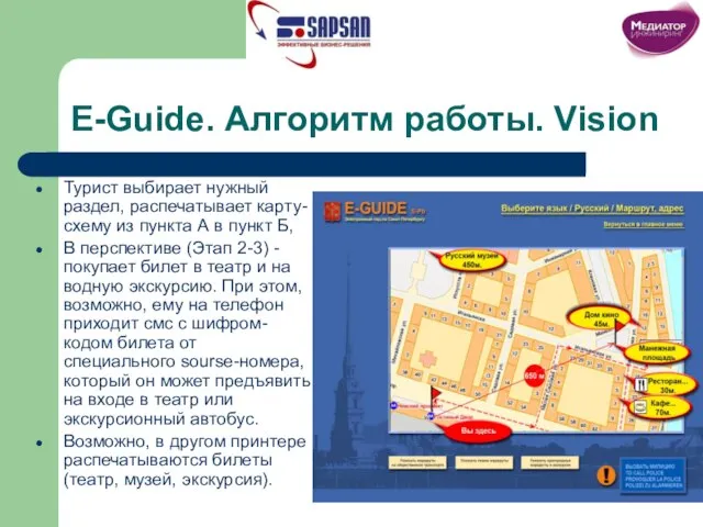 E-Guide. Алгоритм работы. Vision Турист выбирает нужный раздел, распечатывает карту-схему из пункта