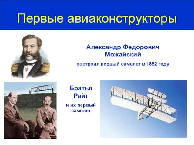 Первые авиаконструкторы Александр Федорович Можайский построил первый самолет в 1882 году Братья