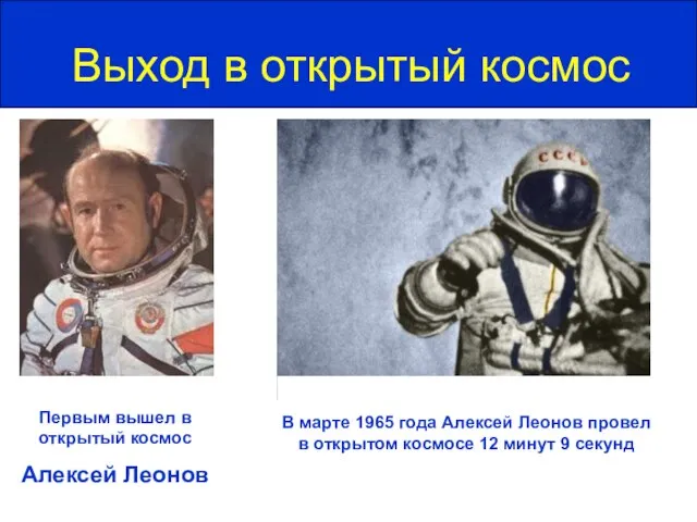 Выход в открытый космос Первым вышел в открытый космос Алексей Леонов В