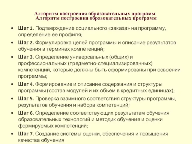 Алгоритм построения образовательных программ Алгоритм построения образовательных программ Шаг 1. Подтверждение социального