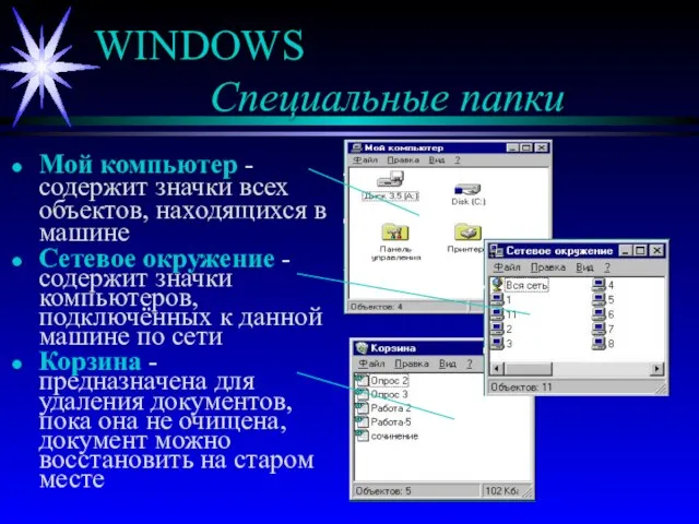 WINDOWS Специальные папки Мой компьютер - содержит значки всех объектов, находящихся в