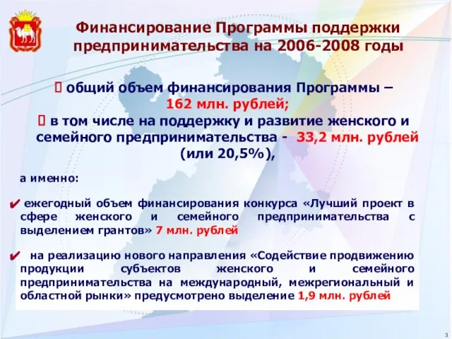 Финансирование Программы поддержки предпринимательства на 2006-2008 годы а именно: ежегодный объем финансирования