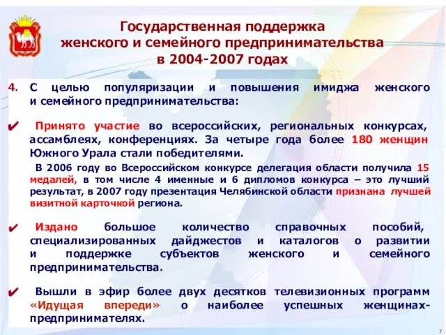 Государственная поддержка женского и семейного предпринимательства в 2004-2007 годах С целью популяризации