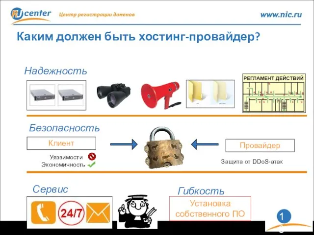 Каким должен быть хостинг-провайдер? Надежность Безопасность Клиент Провайдер Защита от DDoS-атак Сервис Гибкость Установка собственного ПО