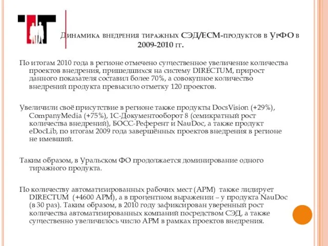 Динамика внедрения тиражных СЭД/ECM-продуктов в УрФО в 2009-2010 гг. По итогам 2010