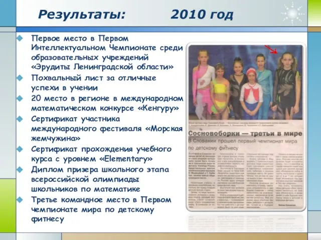 Результаты: 2010 год Первое место в Первом Интеллектуальном Чемпионате среди образовательных учреждений