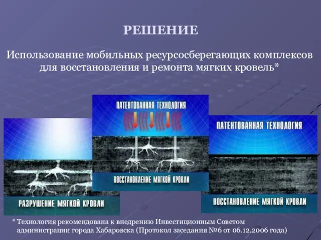 РЕШЕНИЕ Использование мобильных ресурсосберегающих комплексов для восстановления и ремонта мягких кровель* *