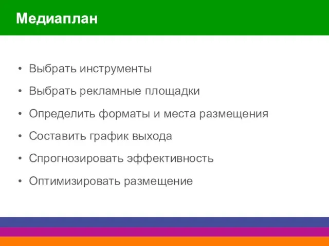 Медиаплан Выбрать инструменты Выбрать рекламные площадки Определить форматы и места размещения Составить