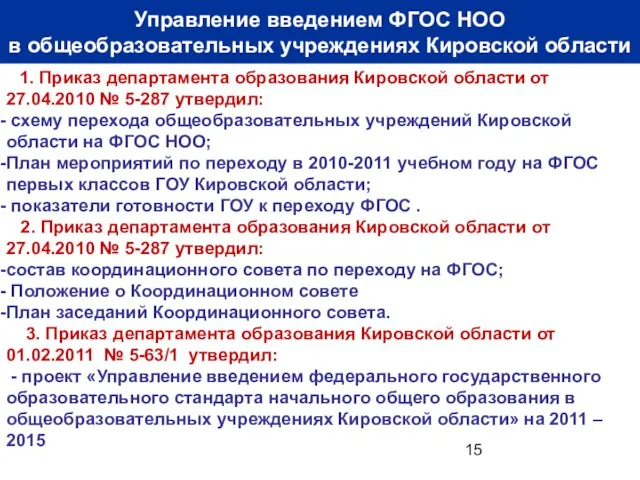 Управление введением ФГОС НОО в общеобразовательных учреждениях Кировской области 1. Приказ департамента