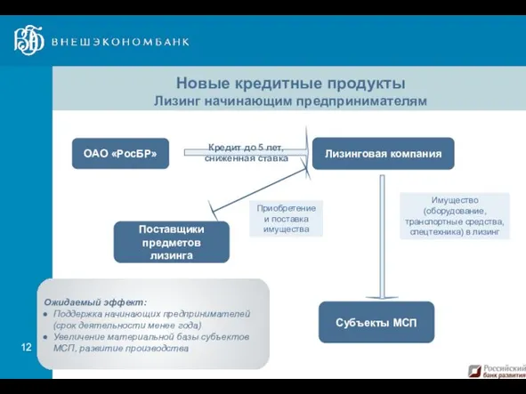 Новые кредитные продукты Лизинг начинающим предпринимателям Лизинговая компания ОАО «РосБР» Субъекты МСП