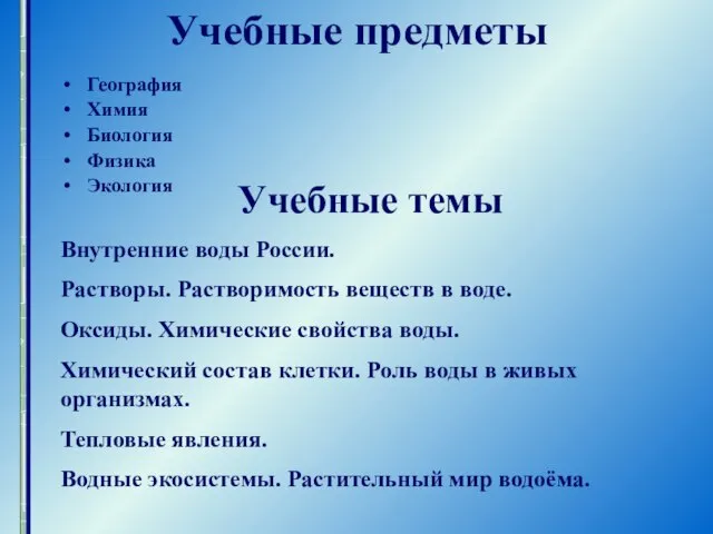 Учебные предметы География Химия Биология Физика Экология Учебные темы Внутренние воды России.