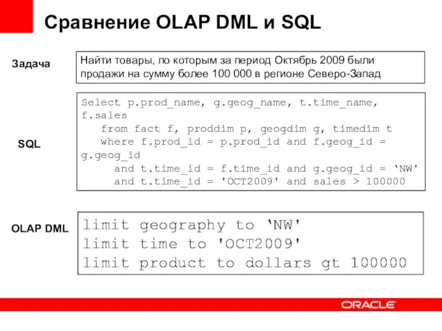 Сравнение OLAP DML и SQL limit geography to ‘NW' limit time to