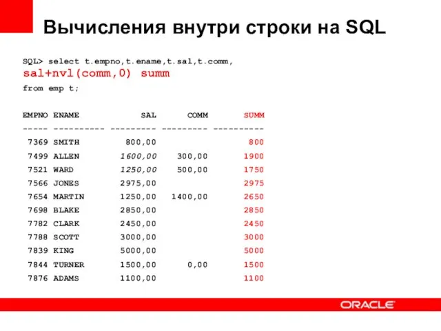 Вычисления внутри строки на SQL SQL> select t.empno,t.ename,t.sal,t.comm, sal+nvl(comm,0) summ from emp