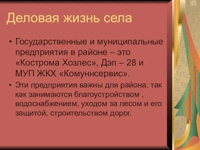 Деловая жизнь села Государственные и муниципальные предприятия в районе – это «Кострома