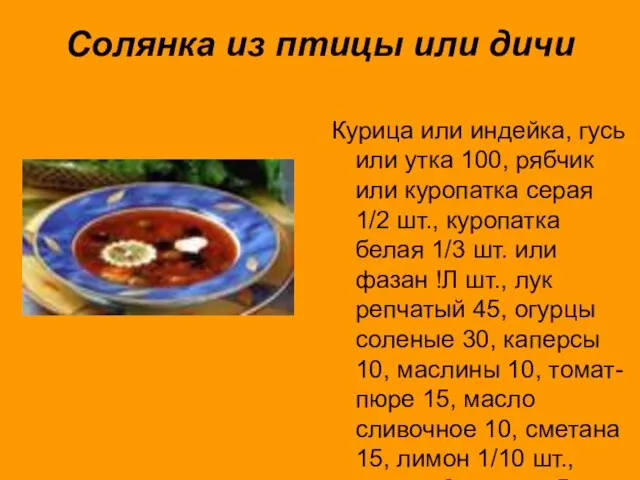 Солянка из птицы или дичи Курица или индейка, гусь или утка 100,