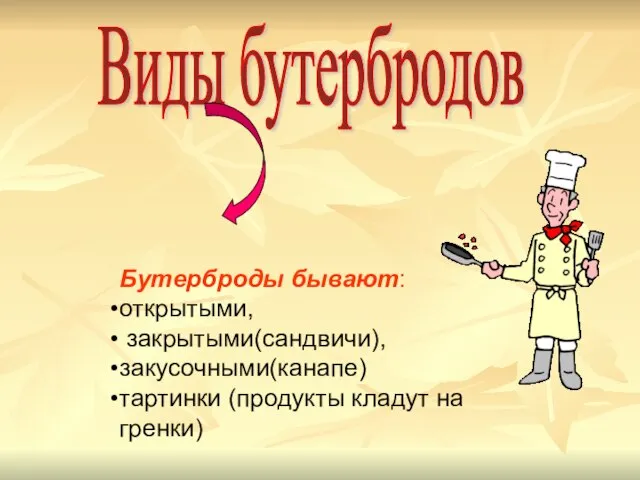 Виды бутербродов Бутерброды бывают: открытыми, закрытыми(сандвичи), закусочными(канапе) тартинки (продукты кладут на гренки)