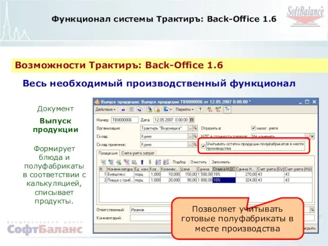 Функционал системы Трактиръ: Back-Office 1.6 Возможности Трактиръ: Back-Office 1.6 Весь необходимый производственный